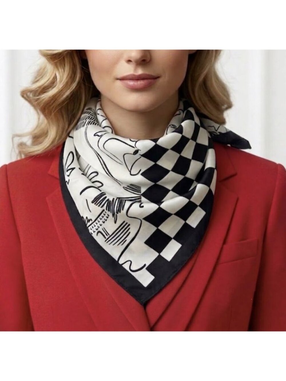 ⭐Luxury Silky Square Scarf Bandana Abstract Checkered BLACK WHITE Modern Art New